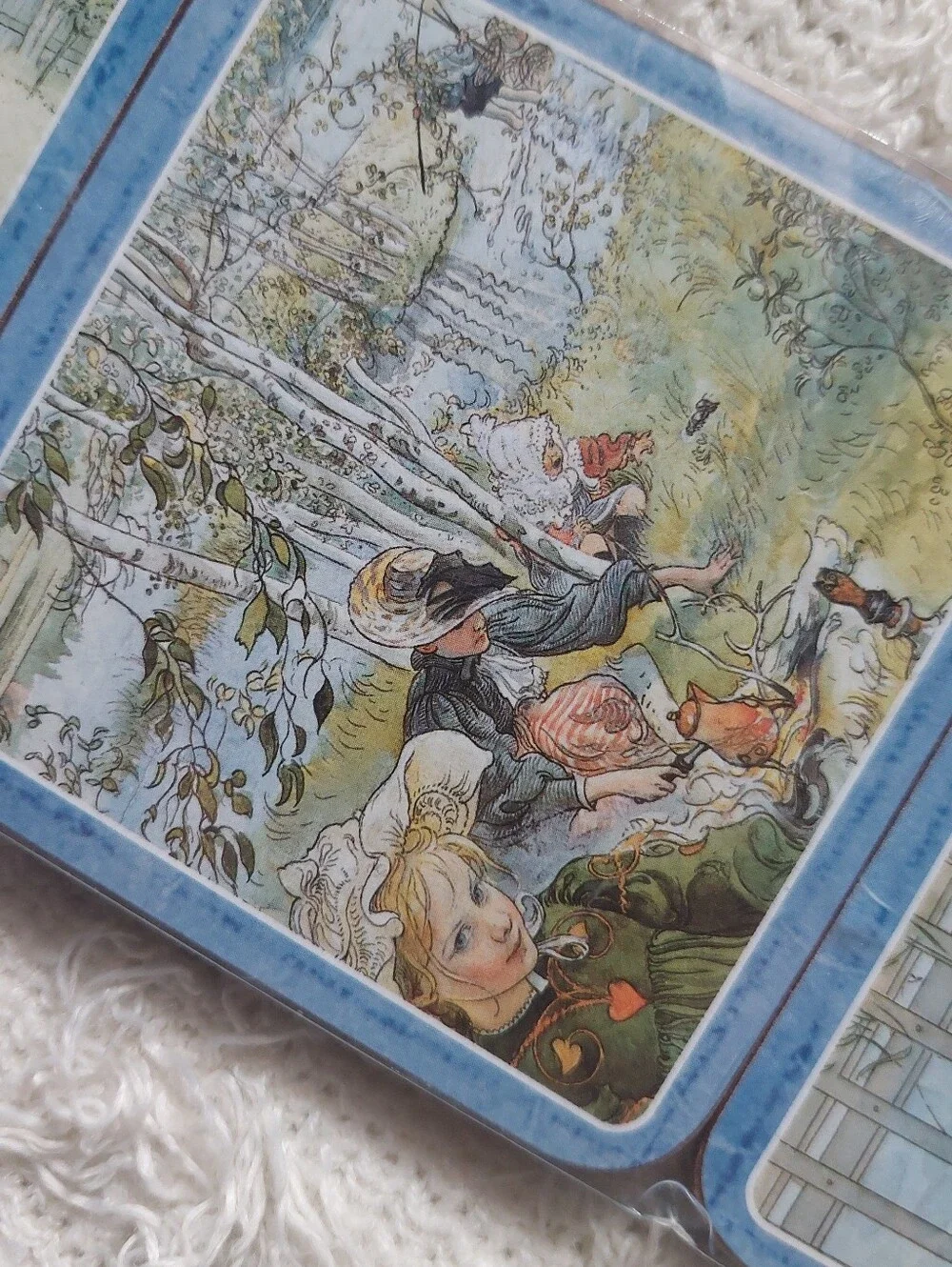 Vintage Illustrated Square Coasters Set - Blue Trim